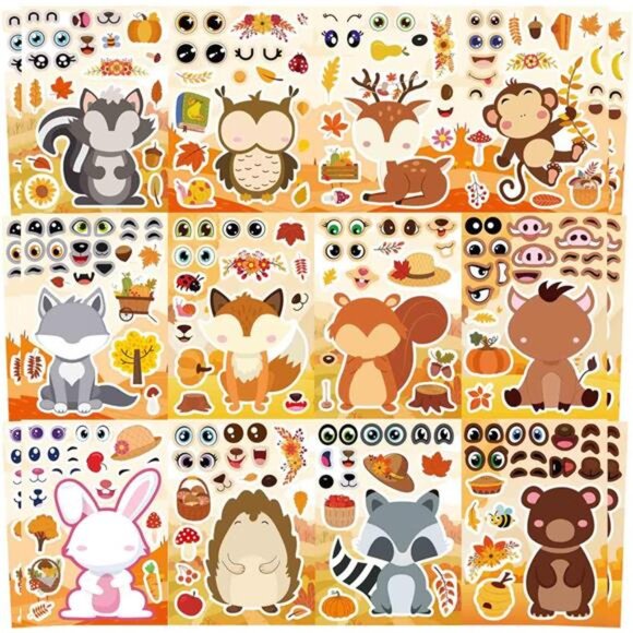24 Fall Stickers for Kids - Autumn Animal Make-a-face‎ Stickers - 8 Designs: - Picture 1 of 8